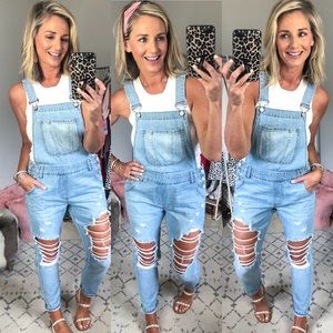 Light wash distressed women’s overalls
